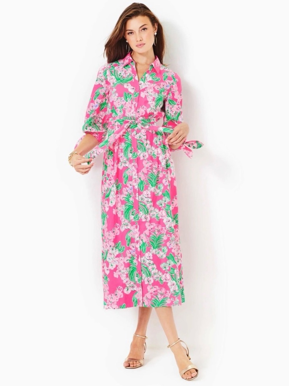 Lilly Pulitzer Amrita Worth a Look Pink Floral Button-Front Shirt Midi Dress